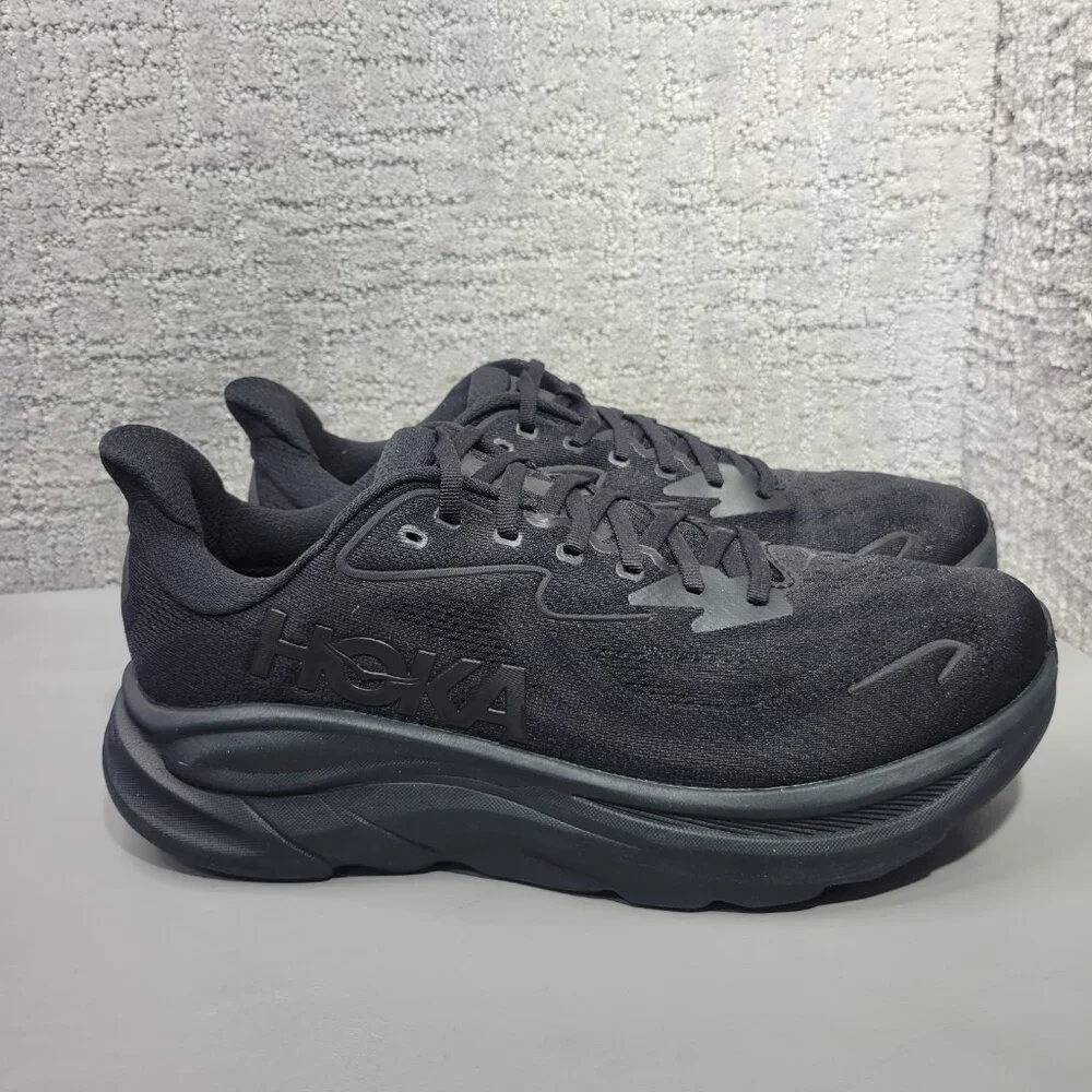 Hoka One One Clifton 10 Womens Size US 12B Triple Black Lace-Up Sneaker Shoes